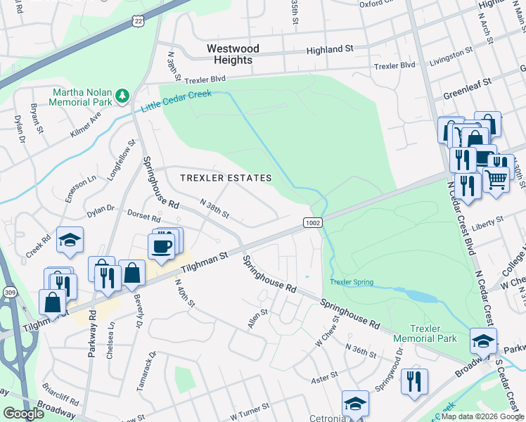 map of restaurants, bars, coffee shops, grocery stores, and more near 751 Benner Road in Allentown