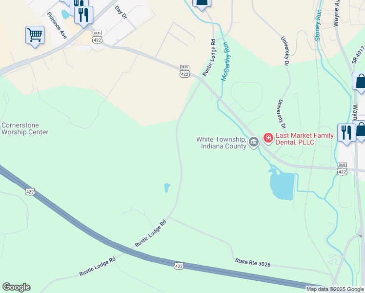 map of restaurants, bars, coffee shops, grocery stores, and more near 1005 Rustic Lodge Road in Indiana