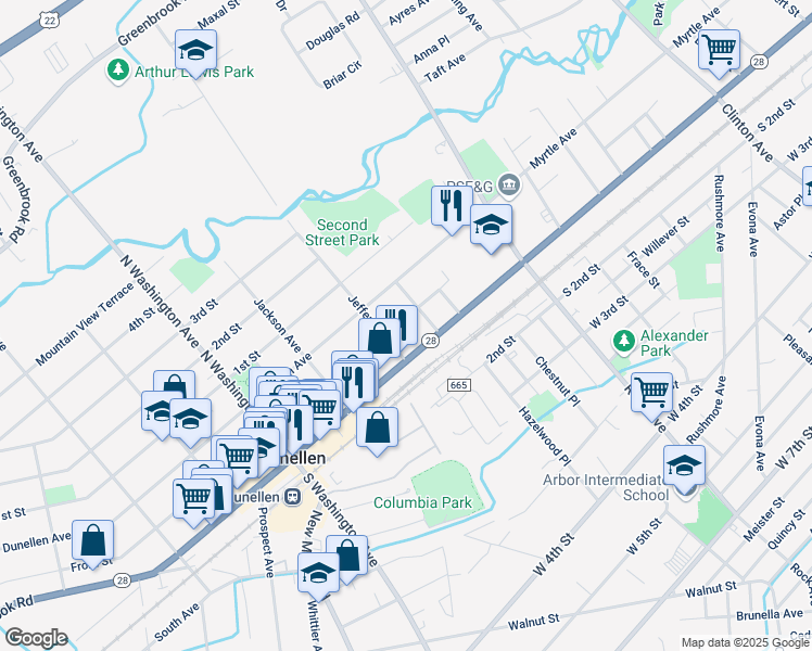 map of restaurants, bars, coffee shops, grocery stores, and more near 1851 Bradford Street in Plainfield