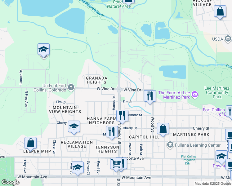 map of restaurants, bars, coffee shops, grocery stores, and more near 624 Hanna Street in Fort Collins