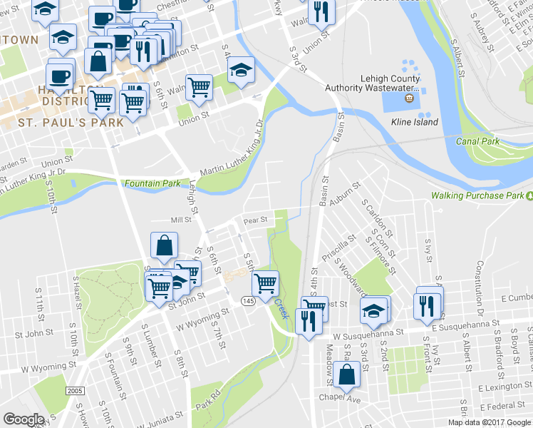 map of restaurants, bars, coffee shops, grocery stores, and more near 414 Auburn Street in Allentown
