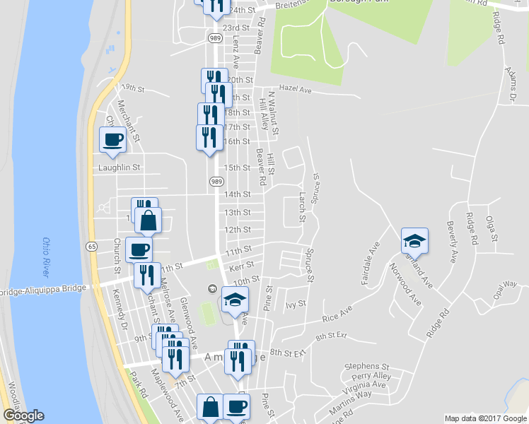 map of restaurants, bars, coffee shops, grocery stores, and more near Beaver Road in Ambridge