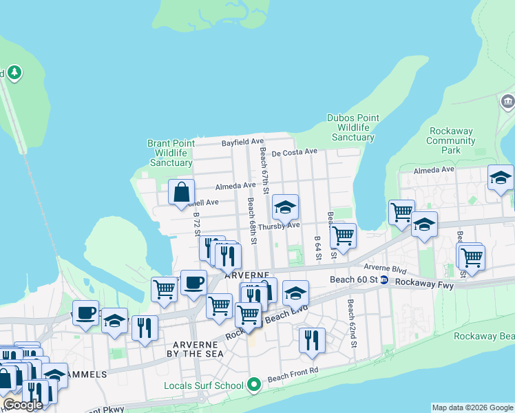map of restaurants, bars, coffee shops, grocery stores, and more near 5-33 Beach 67th Street in Queens