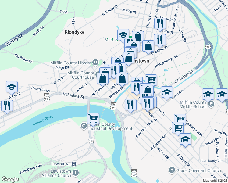 map of restaurants, bars, coffee shops, grocery stores, and more near 25 West Water Street in Lewistown