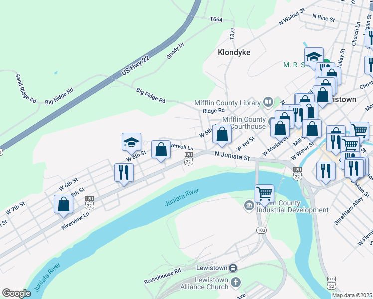 map of restaurants, bars, coffee shops, grocery stores, and more near 22 Reservoir Lane in Lewistown