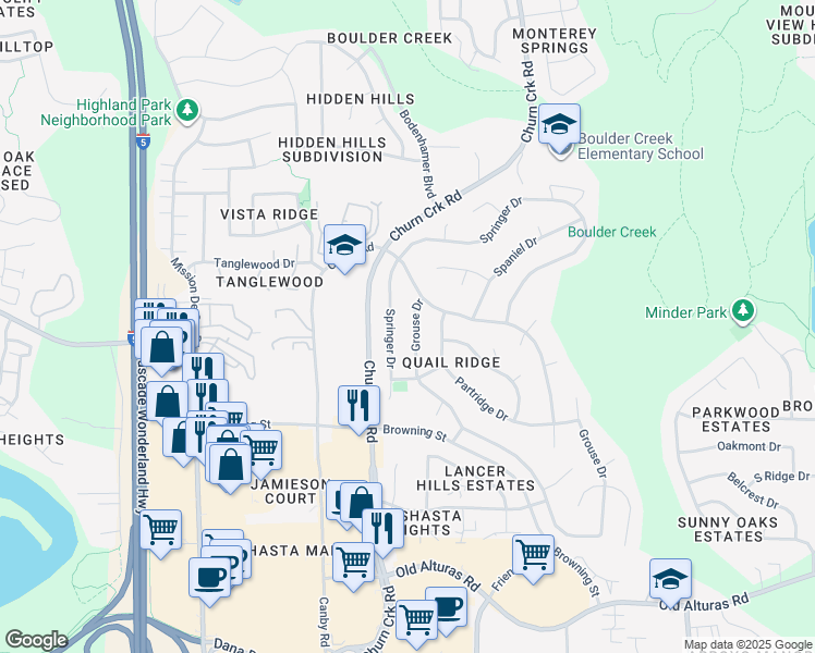 map of restaurants, bars, coffee shops, grocery stores, and more near 841 Springer Drive in Redding