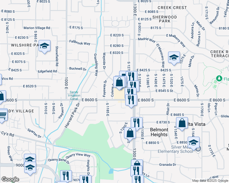 map of restaurants, bars, coffee shops, grocery stores, and more near 8542 Colene Drive in Sandy