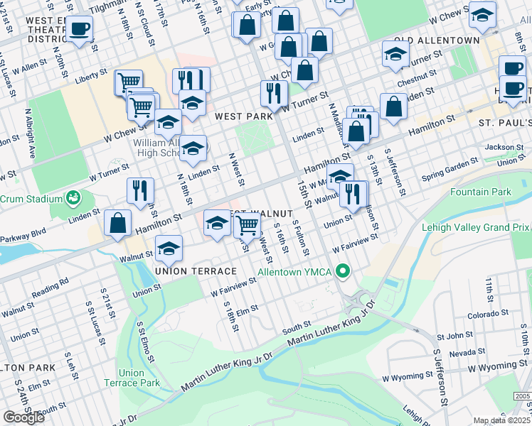 map of restaurants, bars, coffee shops, grocery stores, and more near 36-40 South 16th Street in Allentown