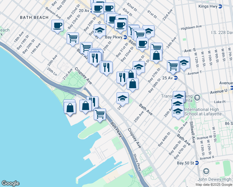 map of restaurants, bars, coffee shops, grocery stores, and more near 201 Bay 34th Street in Brooklyn