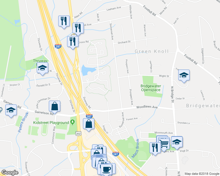 map of restaurants, bars, coffee shops, grocery stores, and more near 293 Greenfield Road in Bridgewater