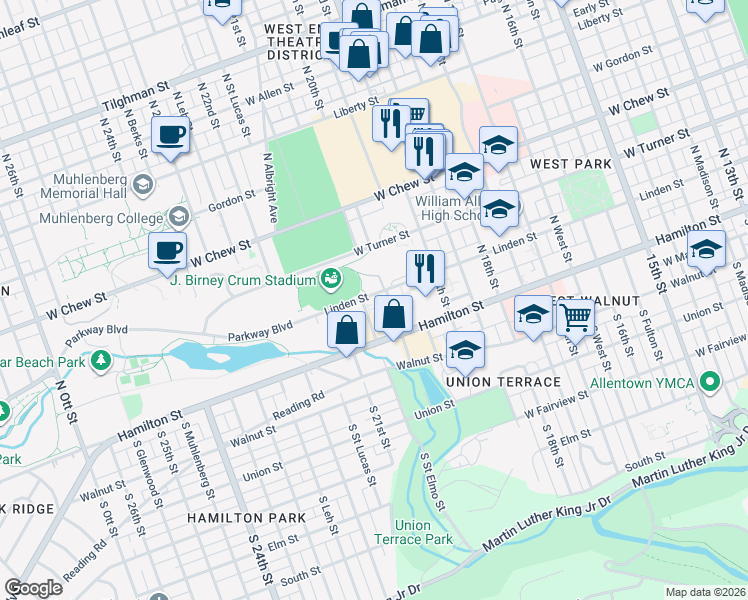 map of restaurants, bars, coffee shops, grocery stores, and more near 2008 Linden Street in Allentown