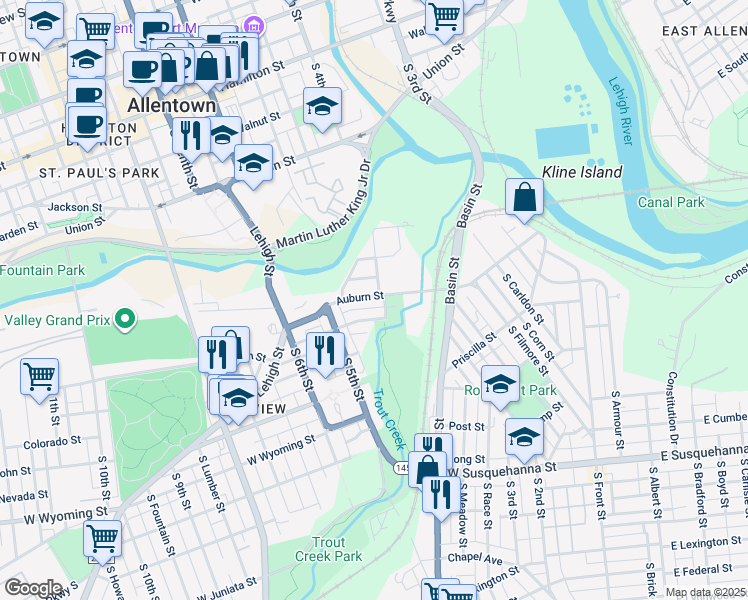 map of restaurants, bars, coffee shops, grocery stores, and more near 414 Auburn Street in Allentown