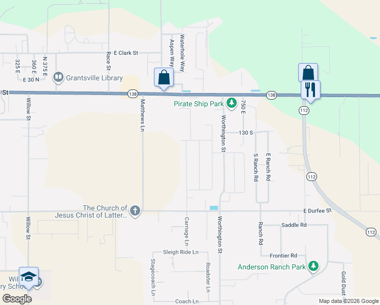 map of restaurants, bars, coffee shops, grocery stores, and more near Mustang Drive in Grantsville