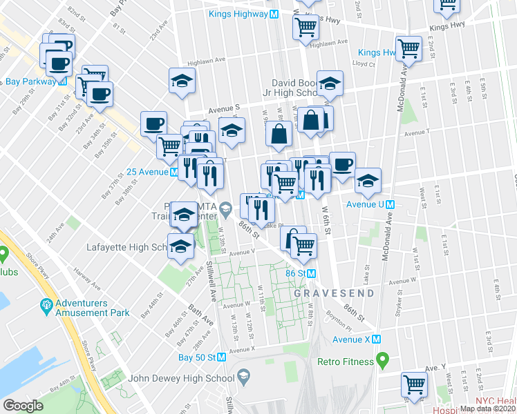 map of restaurants, bars, coffee shops, grocery stores, and more near 78 Avenue U in Brooklyn