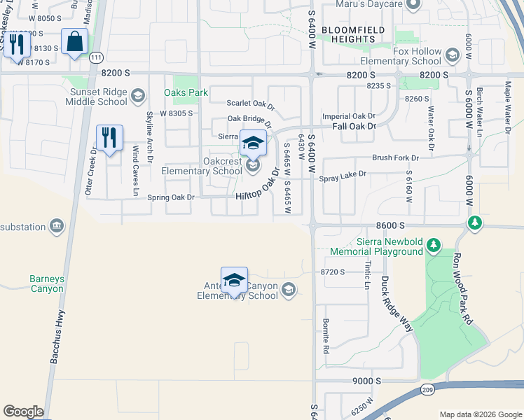 map of restaurants, bars, coffee shops, grocery stores, and more near 8559 Sunrise Oak Drive in West Jordan