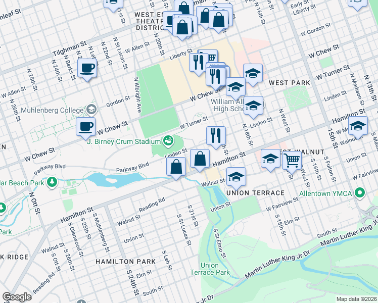 map of restaurants, bars, coffee shops, grocery stores, and more near 2008 Linden Street in Allentown