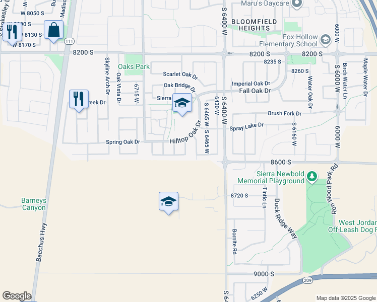 map of restaurants, bars, coffee shops, grocery stores, and more near 8559 Sunrise Oak Drive in West Jordan