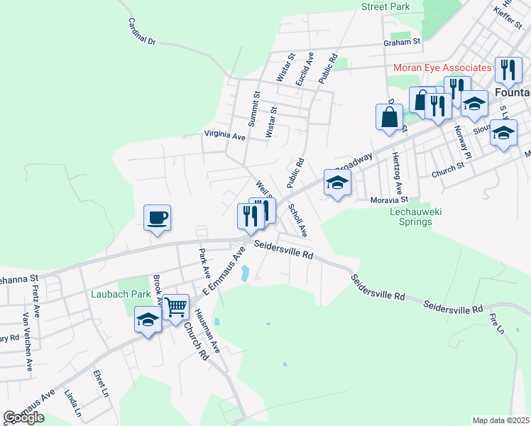 map of restaurants, bars, coffee shops, grocery stores, and more near 1763 Broadway in Bethlehem