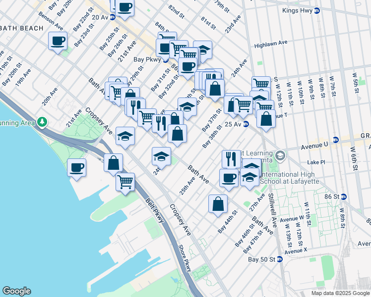 map of restaurants, bars, coffee shops, grocery stores, and more near 152 Bay 37th Street in Brooklyn