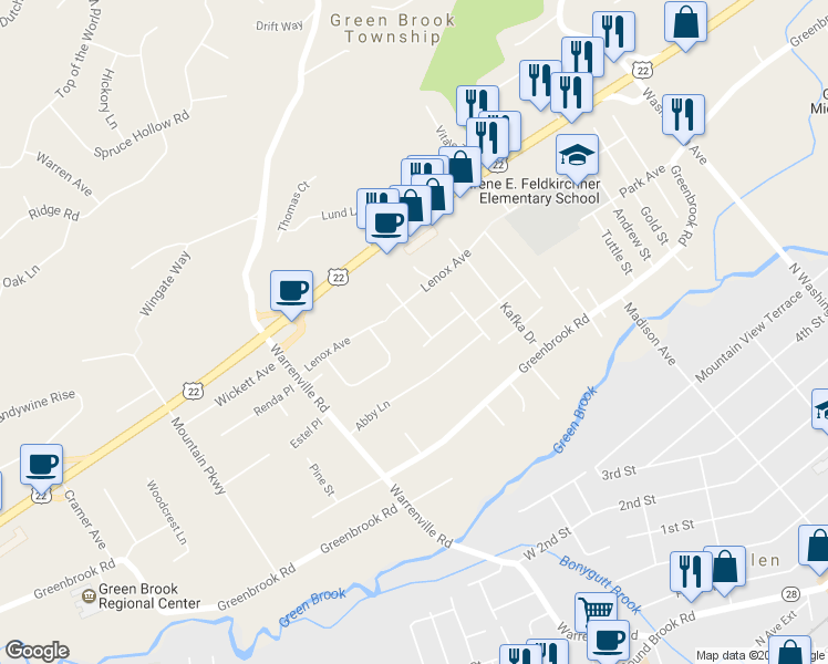 map of restaurants, bars, coffee shops, grocery stores, and more near 13 Fitzrandolph Street in Green Brook Township
