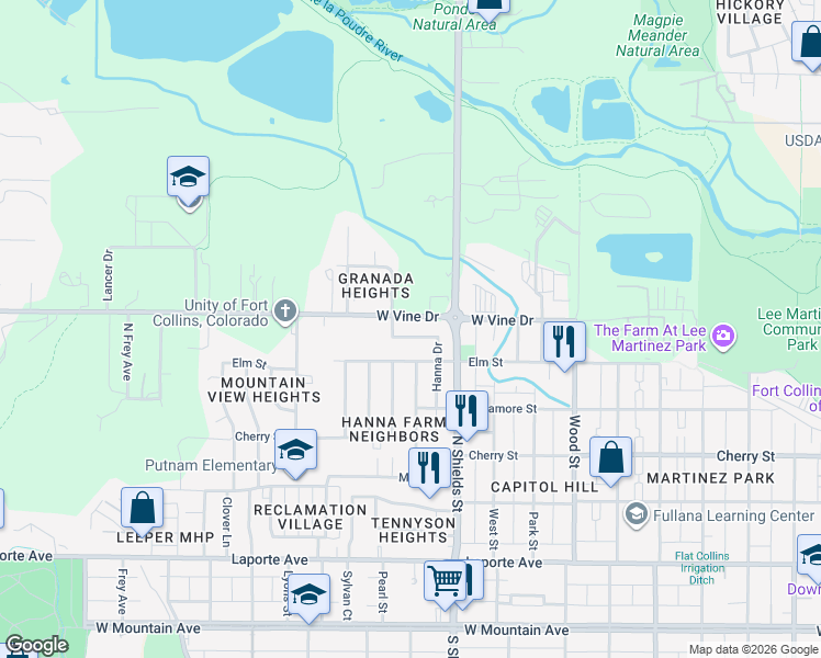 map of restaurants, bars, coffee shops, grocery stores, and more near 660 Hanna Street in Fort Collins