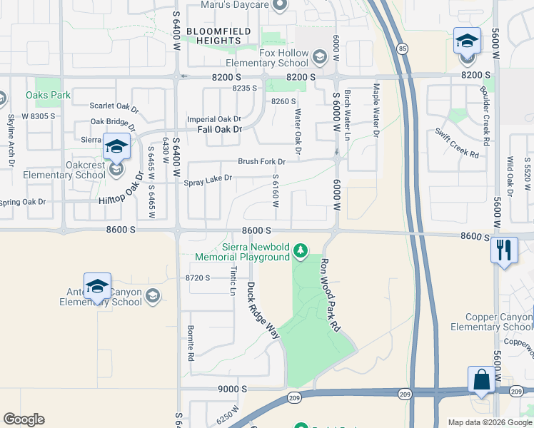 map of restaurants, bars, coffee shops, grocery stores, and more near 6182 Dinsmore Way in West Jordan
