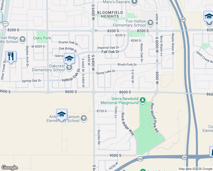 map of restaurants, bars, coffee shops, grocery stores, and more near 8566 Crowsnest Drive in West Jordan