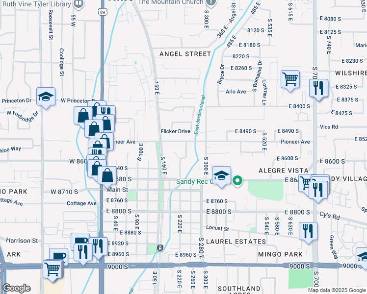 map of restaurants, bars, coffee shops, grocery stores, and more near 8550 S 240 E in Sandy