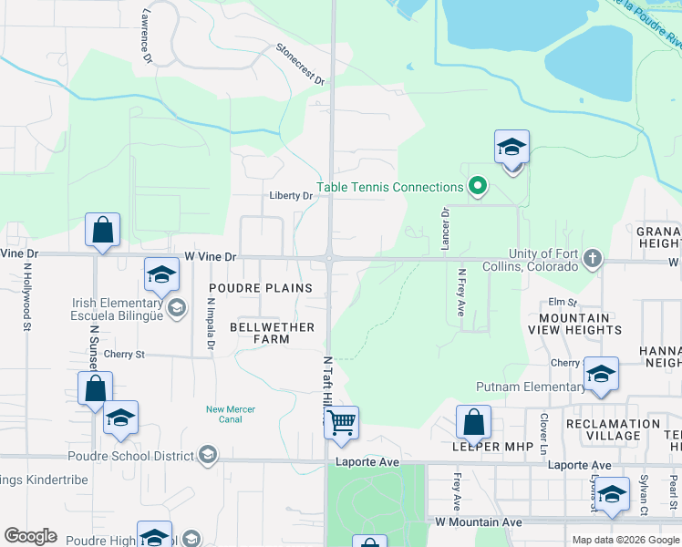 map of restaurants, bars, coffee shops, grocery stores, and more near 2025 West Vine Drive in Fort Collins