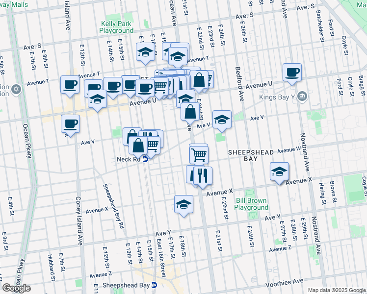 map of restaurants, bars, coffee shops, grocery stores, and more near 2245 East 19th Street in Brooklyn