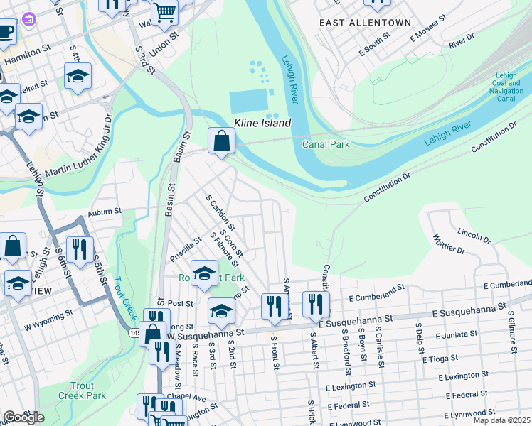 map of restaurants, bars, coffee shops, grocery stores, and more near 715 South Front Street in Allentown