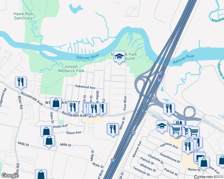 map of restaurants, bars, coffee shops, grocery stores, and more near 70 George Street in Carteret