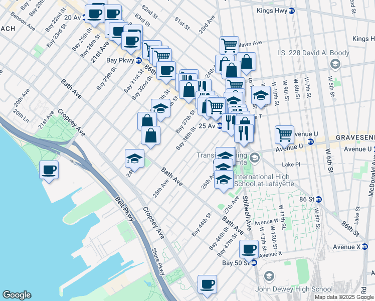 map of restaurants, bars, coffee shops, grocery stores, and more near 8700 25th Avenue in Brooklyn