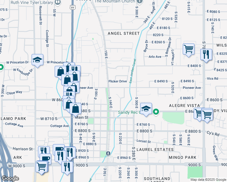 map of restaurants, bars, coffee shops, grocery stores, and more near 184 Pioneer Ave in Sandy