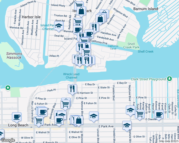 map of restaurants, bars, coffee shops, grocery stores, and more near 104 Waterview Rd in Island Park