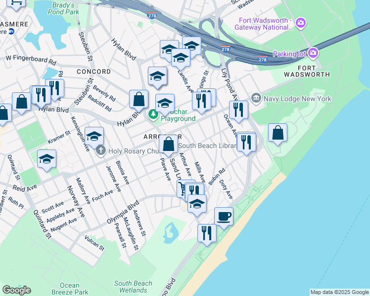 map of restaurants, bars, coffee shops, grocery stores, and more near 169 Cedar Avenue in Staten Island