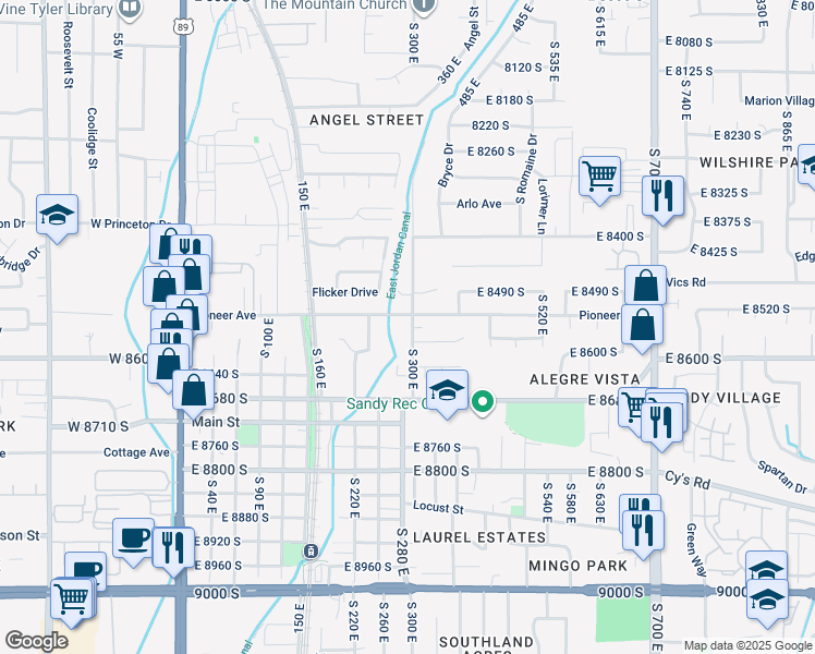 map of restaurants, bars, coffee shops, grocery stores, and more near 8544 South 300 East in Sandy