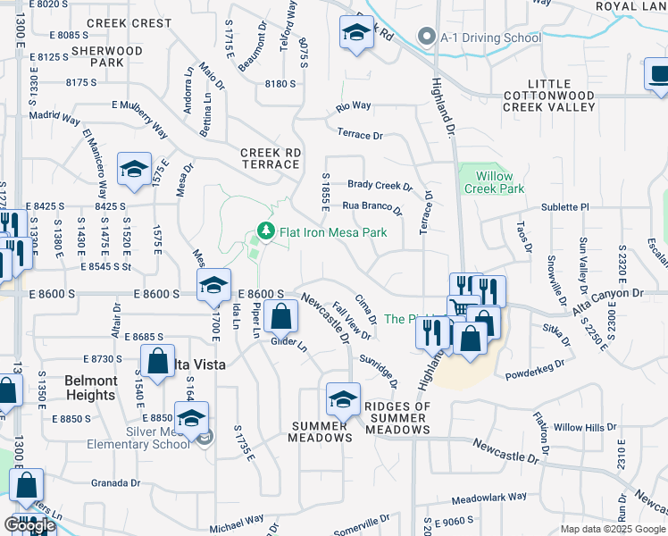 map of restaurants, bars, coffee shops, grocery stores, and more near 8555 South 1860 East in Sandy