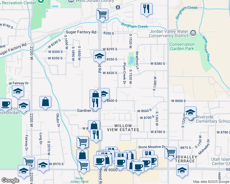 map of restaurants, bars, coffee shops, grocery stores, and more near 1589 West 8510 South in West Jordan