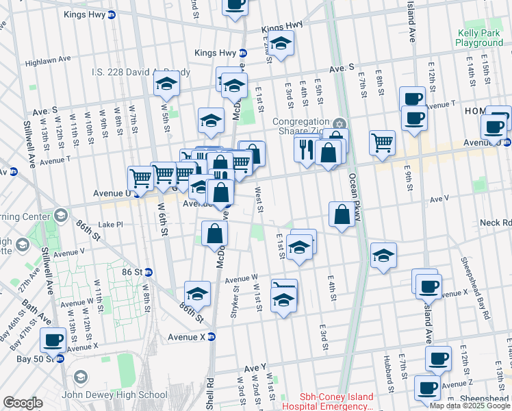 map of restaurants, bars, coffee shops, grocery stores, and more near 2146 West Street in Brooklyn