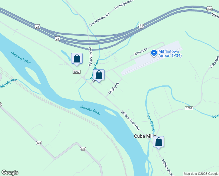 map of restaurants, bars, coffee shops, grocery stores, and more near 3 Pennview Drive in Mifflintown