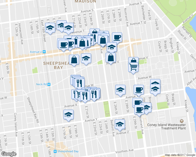 map of restaurants, bars, coffee shops, grocery stores, and more near 2268 East 24th Street in Brooklyn