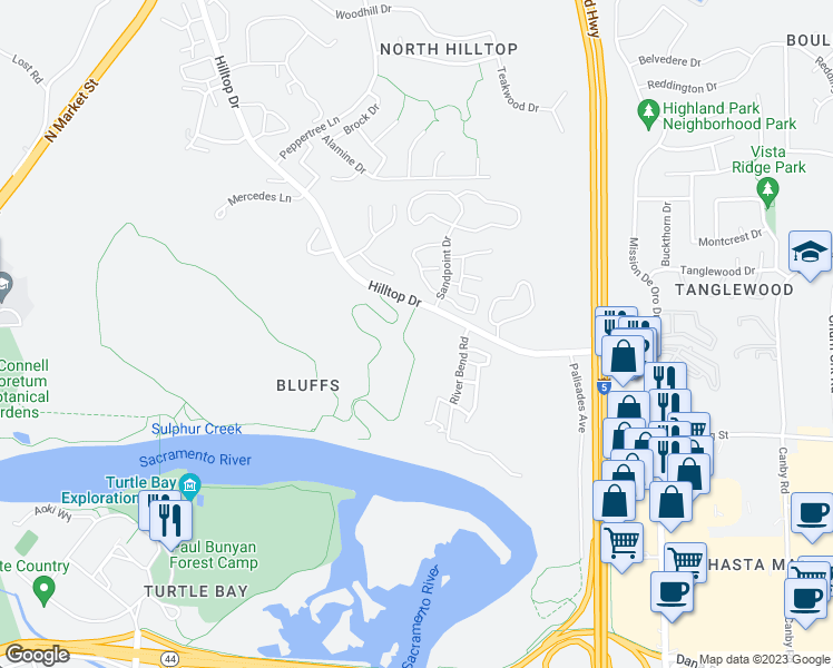 map of restaurants, bars, coffee shops, grocery stores, and more near 650 Hilltop Drive in Redding