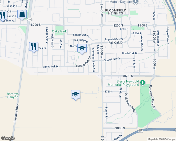 map of restaurants, bars, coffee shops, grocery stores, and more near 8559 Laurel Oak Drive in West Jordan