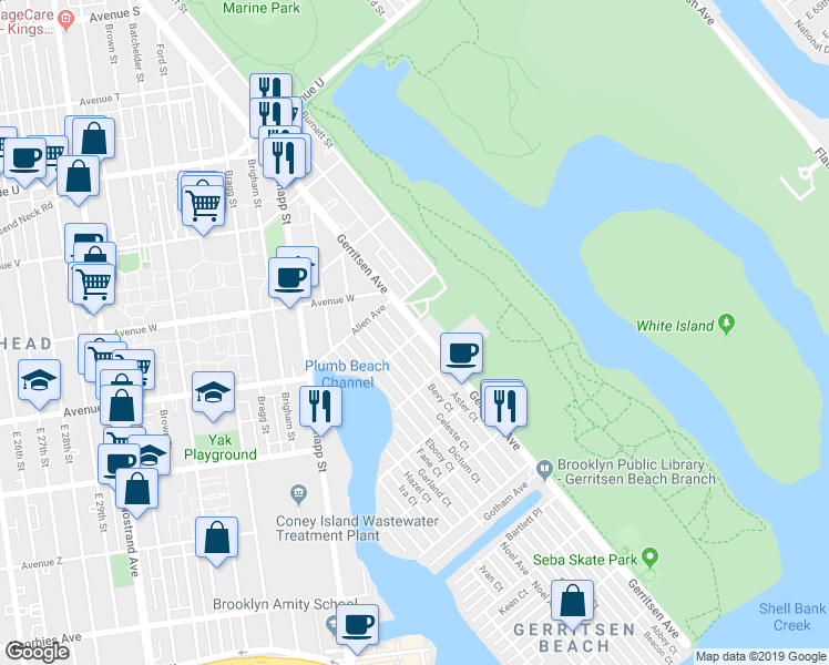 map of restaurants, bars, coffee shops, grocery stores, and more near 2536 Gerritsen Avenue in Brooklyn