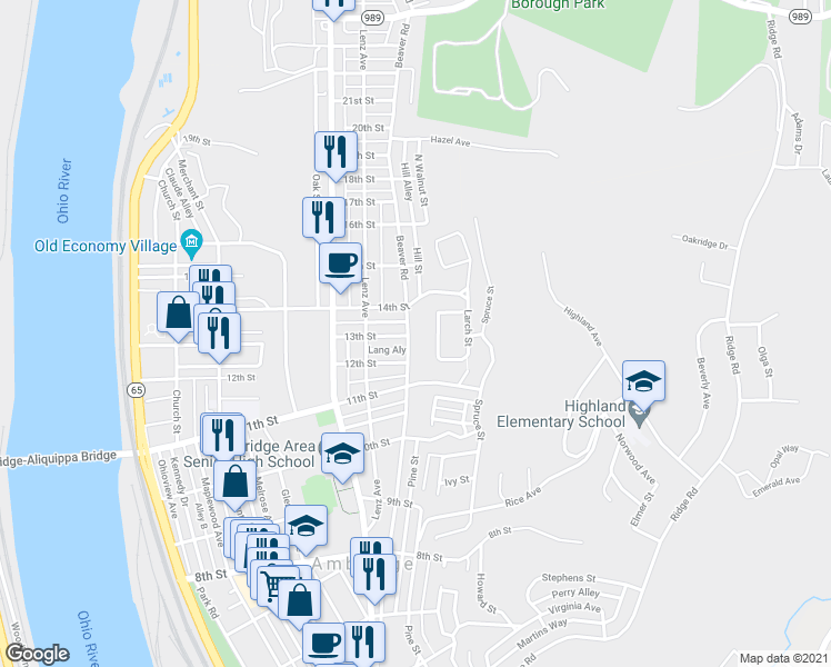 map of restaurants, bars, coffee shops, grocery stores, and more near 1300 Beaver Rd in Ambridge