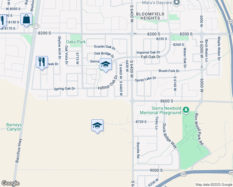 map of restaurants, bars, coffee shops, grocery stores, and more near 8559 Laurel Oak Drive in West Jordan