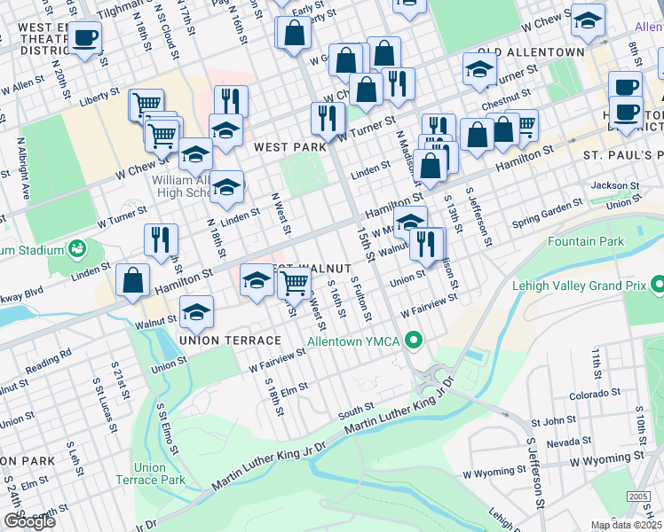 map of restaurants, bars, coffee shops, grocery stores, and more near 43 South 16th Street in Allentown