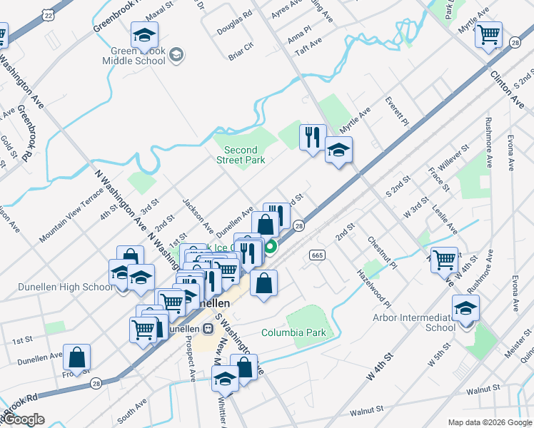 map of restaurants, bars, coffee shops, grocery stores, and more near 30 Jefferson Avenue in Dunellen