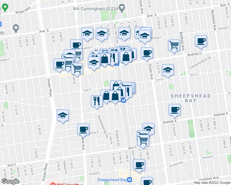 map of restaurants, bars, coffee shops, grocery stores, and more near 2226 East 15th Street in Brooklyn
